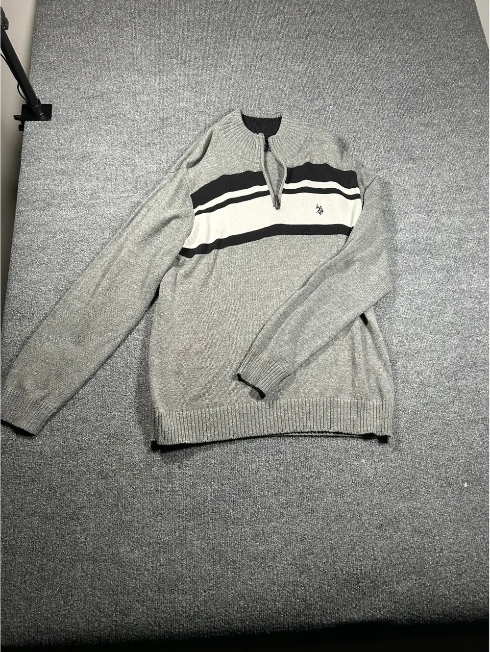 U.S. Polo Assn. Men's Gray Quarter-Zip Pullover Sweater with Black and White Str